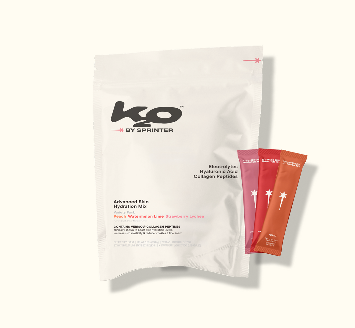 Bolsa de K2O Advanced Skin Hydration Mix junto a tres sobres de sabor